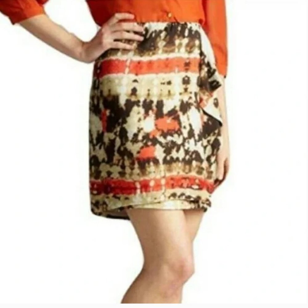 Vince Camuto Mini Skirt 8 Petite Brown Tan Orange Elastic Waist Shell: Rayon New
